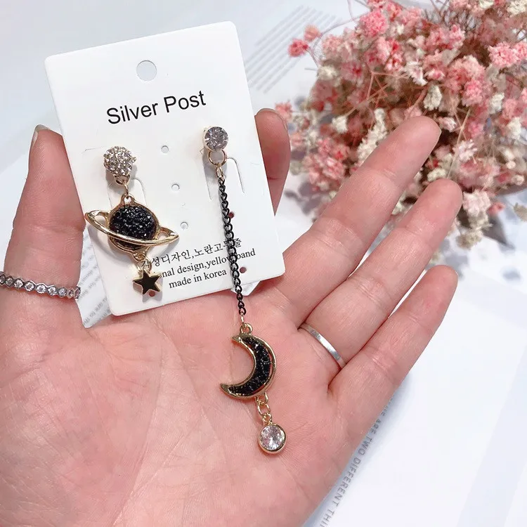 moon star planet asymmetric earring 925 silver post Hypoallergenic fadeless fashion jewelry stud earrings for women girl gift