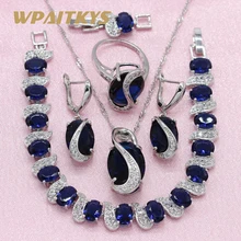 925 серебряные ювелирные наборы синий кубический цирконий для женщин Свадебные серьги ожерелье кулон кольцо браслет Бесплатные подарочные коробки