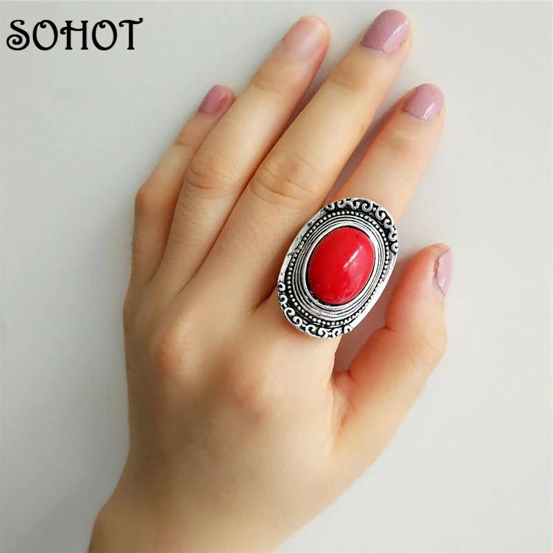 SOHOT этническое тибетское серебряное кольцо с красным турецким камнем средней