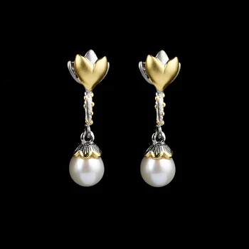 

New jewelry vintage 925 silver 18K gold inlaid pearl exquisite handmade earrings creative little bud ear hook