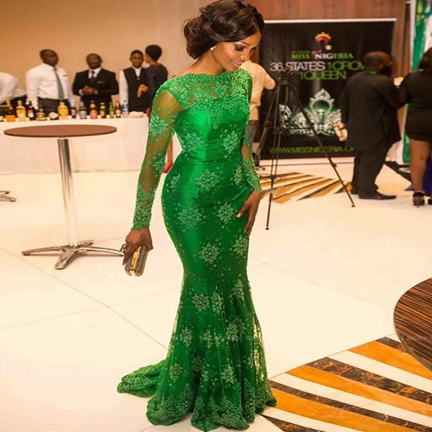 

Elegant Green Evening Dresses O-neck Long Sleeves Lace Mermaid Arabic Prom Dress Formal Gowns Floor Length