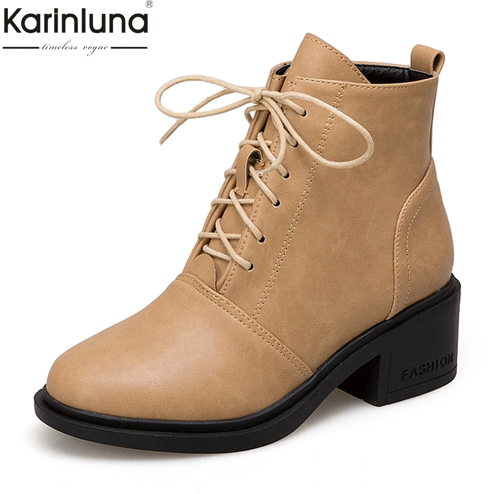 

Karinluna 2018 Large Size 34-43 Chunky Heels Add Fur Winter Boots Woman Shoes Lace Up Ankle Boots women Shoes Woman