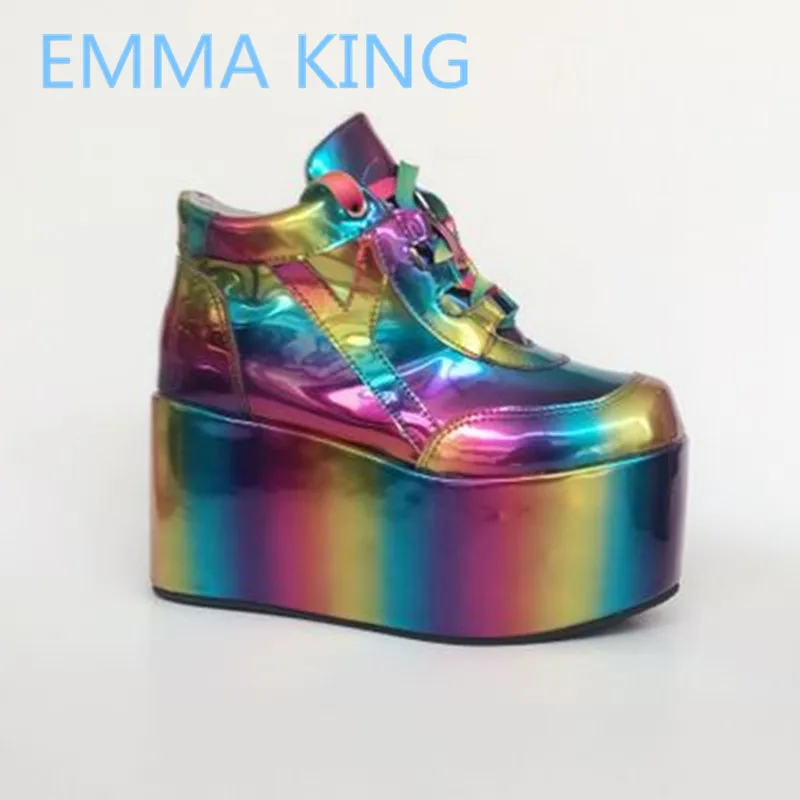 

2019 New Spring Rainbow Color Princess Sweet Pink Shoes Woman Round Toe Platform Thick Soled Sneakers Women Sexy High Heel Pumps