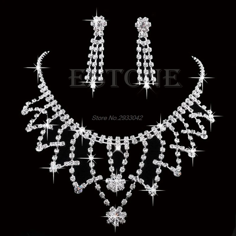 Wedding Bride Bridesmaid Crystal Rhinestone Necklace Earring Prom