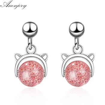 

Anenjery Srawberry Crystal Animal Kitten Cat 925 Sterling Silver Tassel Earrings For Women Christmas Jewelry S-E141