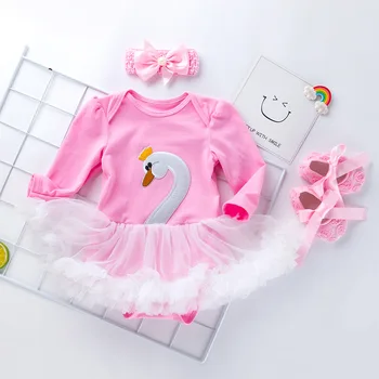

Newborn Baby Long Sleeve Cartoon Swan Mesh Tutu Bodysuits Princess Party Jumpsuits + Headband + First Walker 3Pcs Clothes