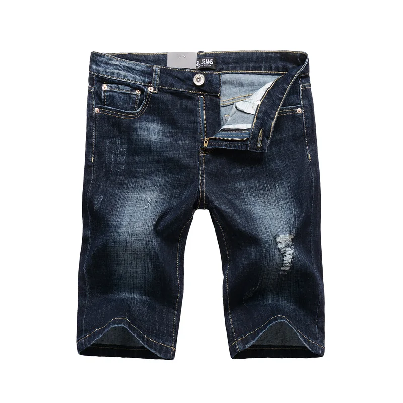 

2018 DSEL Summer Fashion Men's Shorts High Quality Dark Blue Color Slim Fit Ripped Short Jeans Stretch Denim Shorts Men