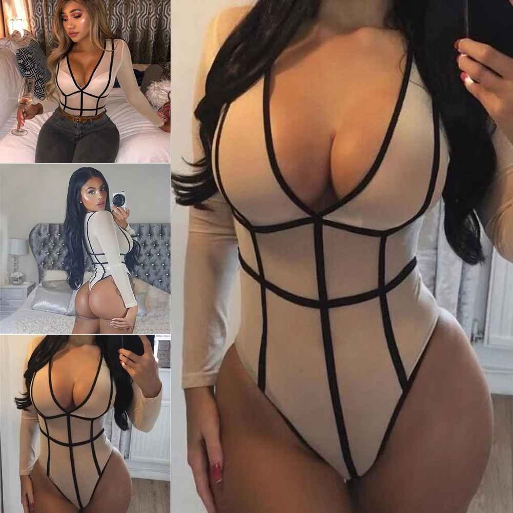 New Women Sexy Sheer Plaid White Bodysuits Summer Long Sleeve V Neck Thong Bodysuits Leotard Lady Fashion Club Body Top Bodysuit mesh bodysuit