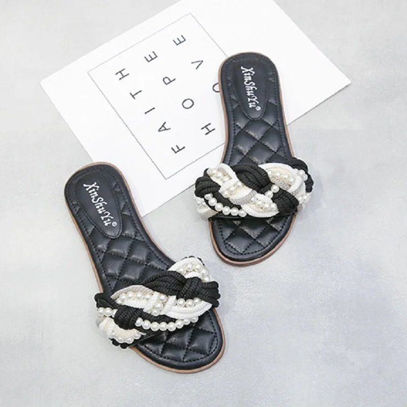 

Sweet Female Fashion Natural Genuine leather Bead Sandals Women Flat Heels Slippers Lady Spring Summer Beach Flip Flops Sandals