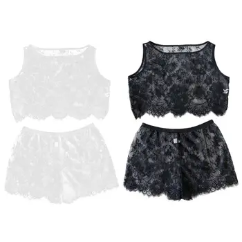 

Women Plus Size Temptation Sheer Eyelash Floral Lace Lingerie Underwear Set Crop Top Wide Leg Shorts Solid Color Sleepwear M-3XL