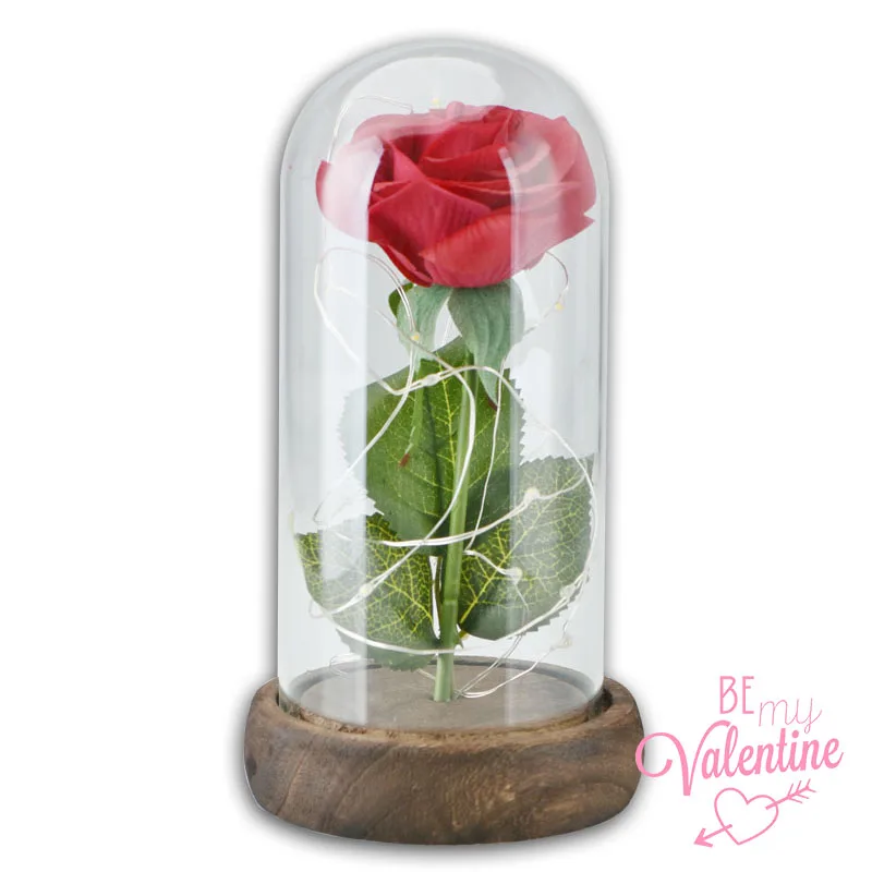 WR искусственный вечный цветок в стеклянном цветочном розовом светодиодный светильник с деревянной основой для подарка на День Матери Свадебные украшения