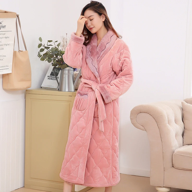 Зимний коралловый флисовый стеганый женский халат, кимоно, халат, ночная рубашка, Толстая теплая пижама с длинным рукавом, банное Ночное платье, M-XXXL