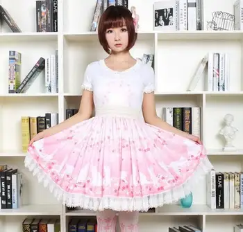 

Sweet Soft Girl Short Skirt Pink Cherry Blossoms and Cat Printed Ruffled Lolita Skirt