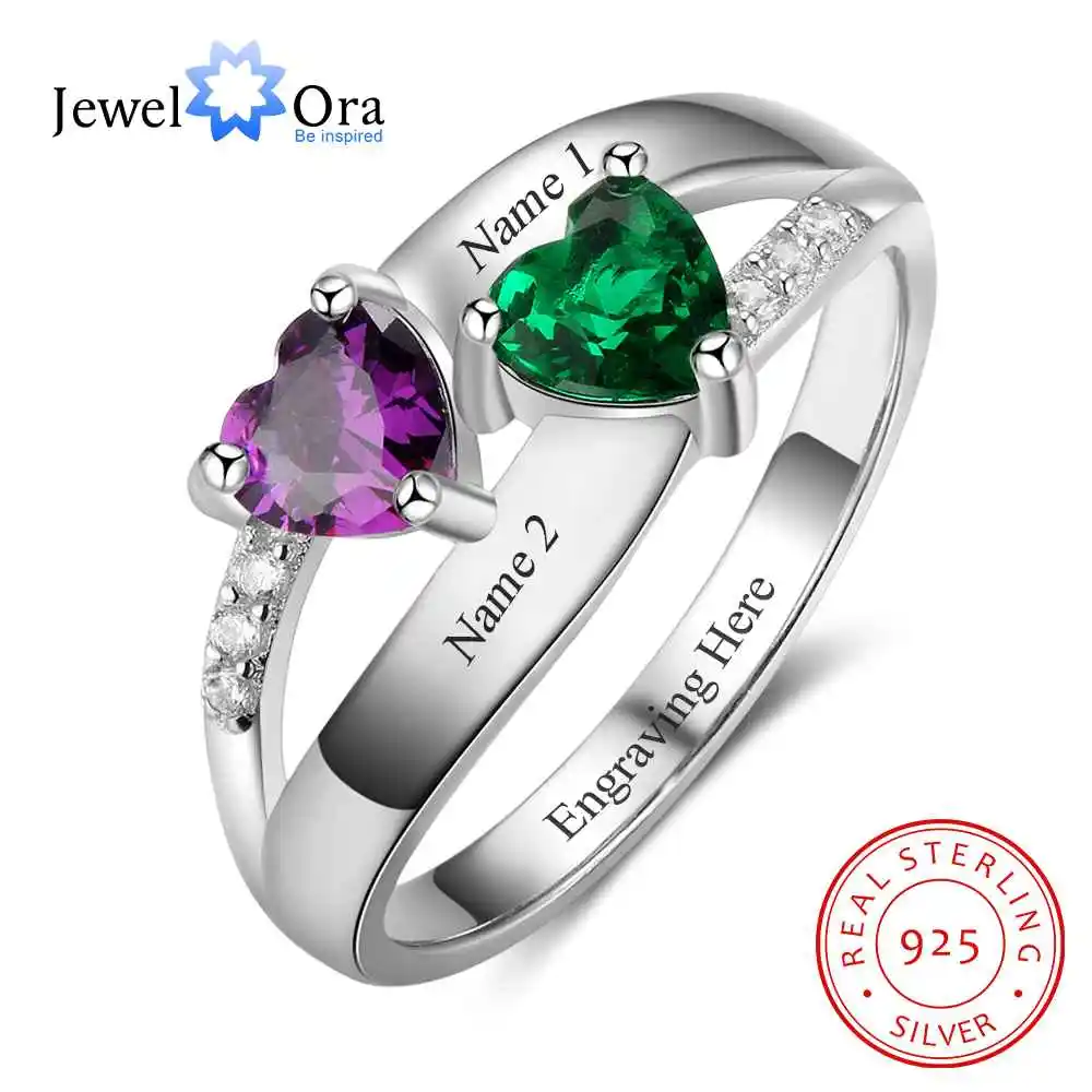 Double Heart Birthstone Ring Personalized Custom Engrave Names Promise Rings 925 Sterling Silver Jewelry (JewelOra RI103276)