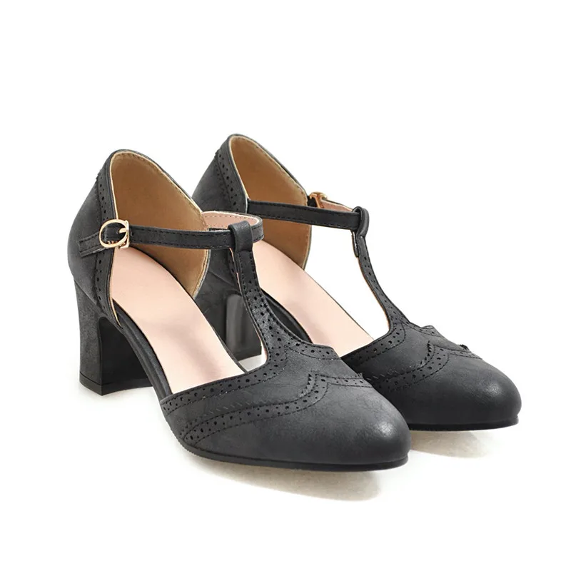 YMECHIC/; летние женские туфли на высоком каблуке; винтажные броги с перфорацией типа «броги»; туфли-лодочки с Т-образным ремешком на квадратном каблуке; цвет черный, желтый, коричневый; женская обувь - Цвет: Черный