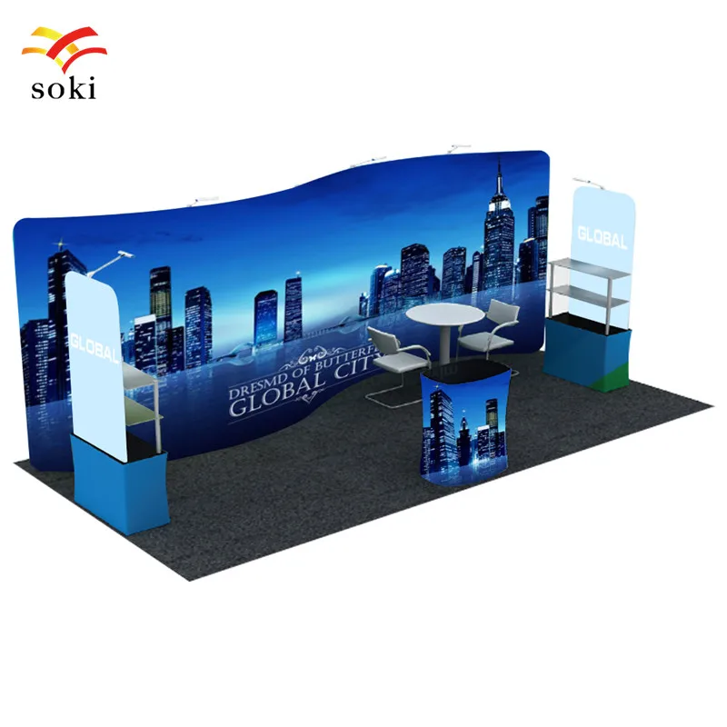 Z-02 Trade show fabric tension Quick pop-up booth 20 ft TV monitor Shelves 