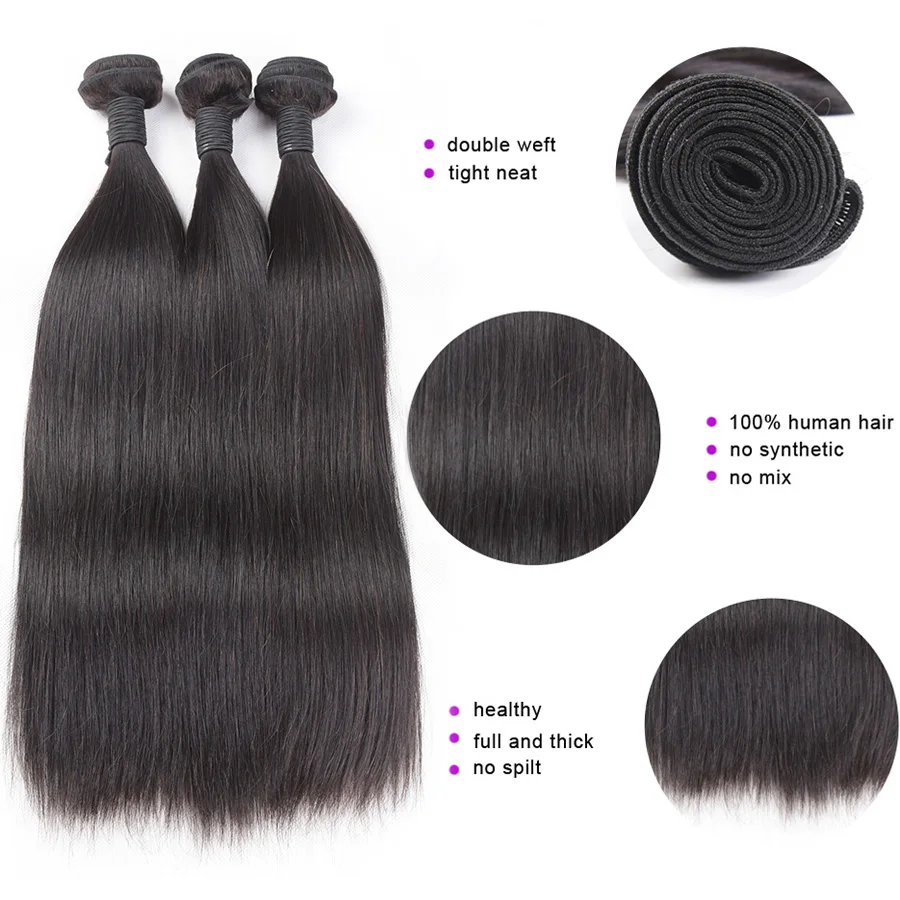 ROYAL 3/4Straight Hair Bundles With Closure Brazilian Hair Weave Bundles With Frontal 4*4 Remy Human Hair Bundles With Frontal