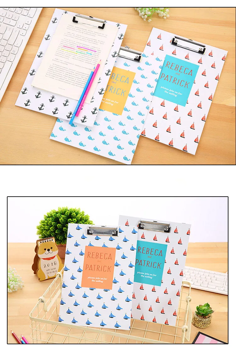 EZONE 1PC A4 Wooden Clipboard Paper Clip Deck Log Voyage Pirate ship/Whale Pattern School Office Writing Tool Student Stationery