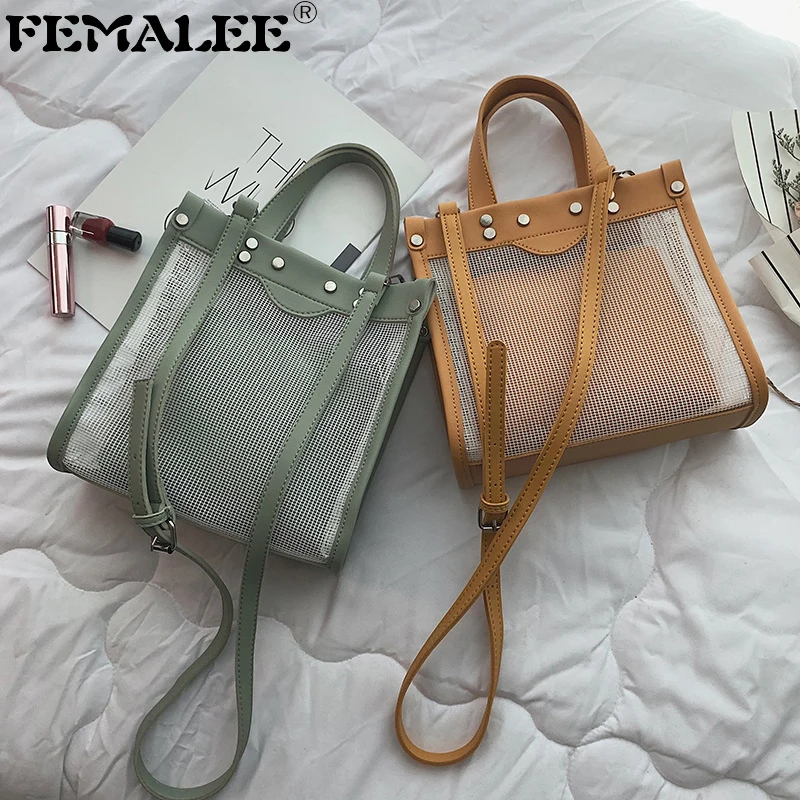 

New Ins Hot Hollow Tote Bag Rivet Women Shoulder Bags Female Adjustable Strap Mesh Crossbody 2 Sets Messenger Bags 2019 Handbags