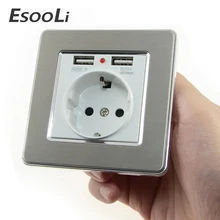 EsooLi розетка мощность 16A ЕС стандартный выход с 2A двойной usb-порт для зарядки для мобильного телефона нержавеющая сталь USB разъем питания