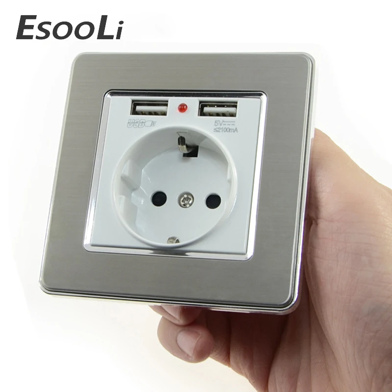 Настенная розетка EsooLi Power 16 А стандартная европейского стандарта с 2 USB из