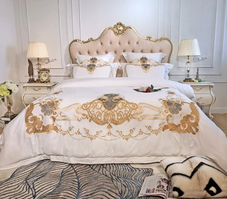 US $110.68 White European Luxury Golden Royal Embroidery Egyptian Cotton Bedding Set Duvet Cover Bed Linen Bed sheet Pillowcases 47pcs