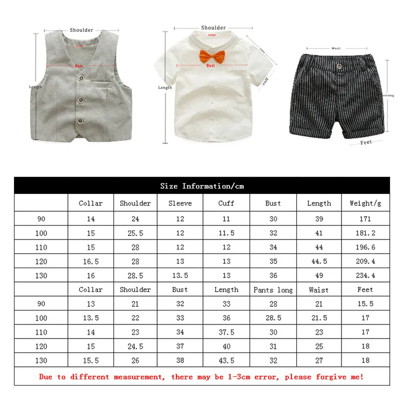 Топ и топ, летний комплект одежды для мальчиков, повседневная одежда для мальчиков, хлопковая рубашка с короткими рукавами и галстуком-бабочкой+ жилет+ шорты в полоску, детская одежда для мальчиков