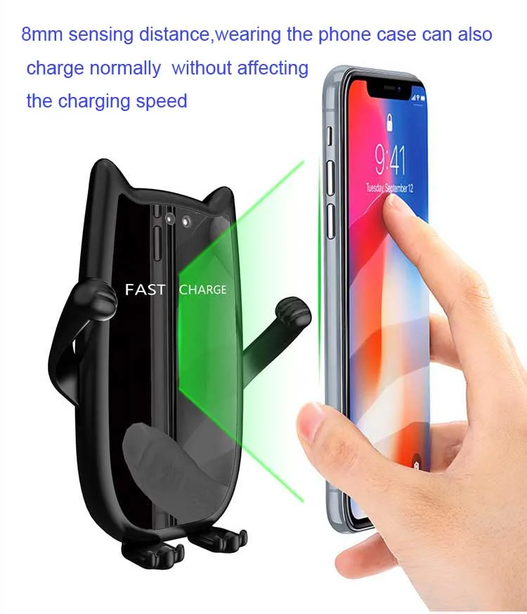 

10W Car Holder Qi Wireless Charger For Iphone 8 X XS MAX Cartoon Cat Claw Automatic Air Vent Fast Charging For Samsung S9 Xiaomi