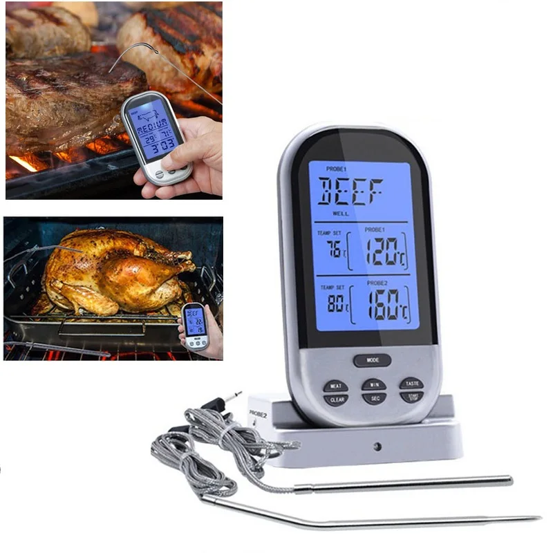 

Upgrade Double Probes Digital Temperature RF Wireless Food Thermometer Timer Alarm Oven BBQ Grill Meat Kitchen Thermometer