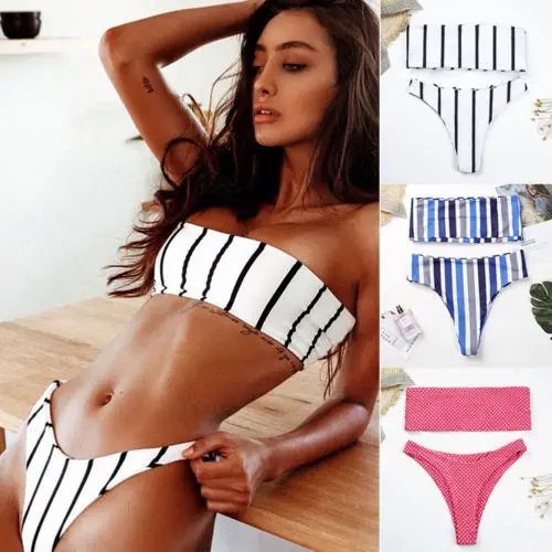 

Hot Off Shoulder Women Beachwear Padded Push-up Bikini Set Striped Print Swimsuit Bandeau Bathing Suit High Waist New Swimwear