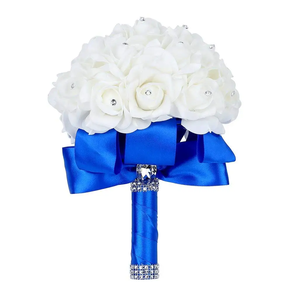 Ручной работы красоты Королевский синий свадебный цветок Свадебный букет Искусственный цветок «Роза» лента хрустальные букеты de noiva