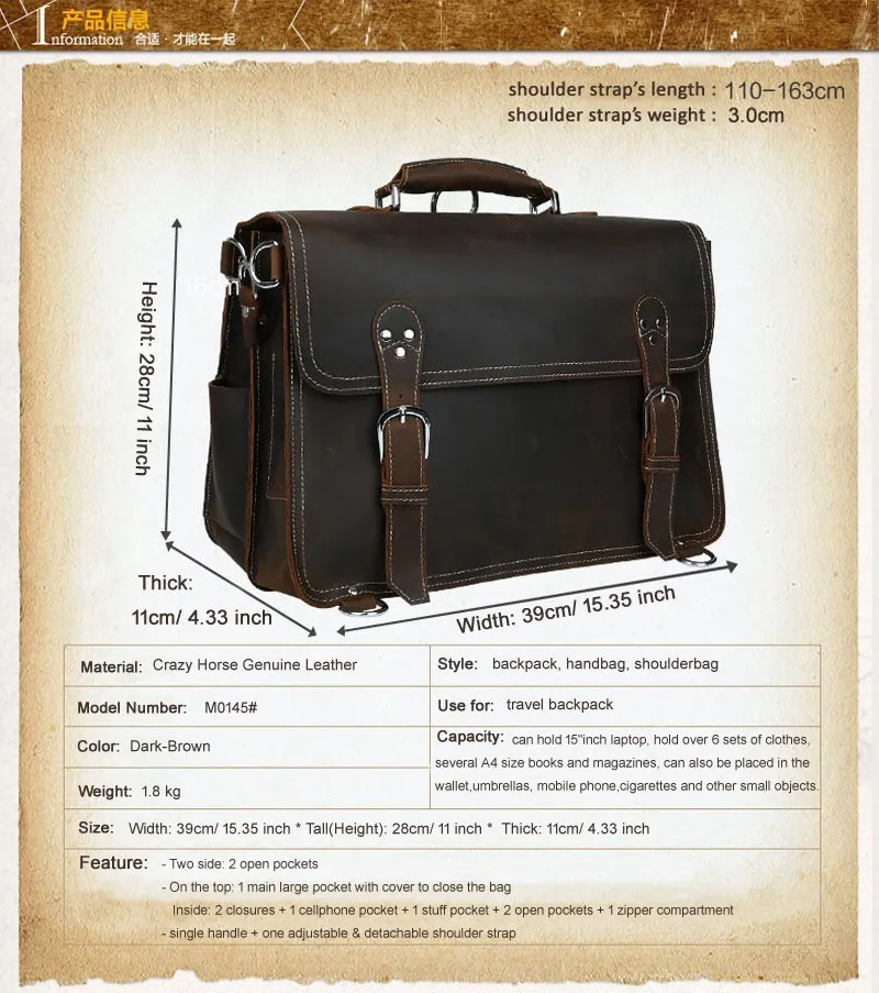 Винтажный портфель Crazy Horse из натуральной кожи, мужская деловая сумка, кожаная сумка для ноутбука 15,4 дюймов, мужской деловой портфель, сумка на плечо