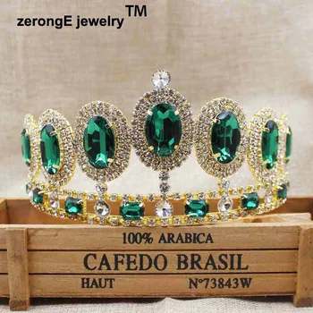 

zerongE jewelry 3.4" Vintage Classic Prom Luxury Hair Jewelry Baroque Large Red Green Rhinestone Bridal Tiara crown gold plating