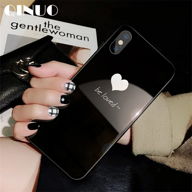 

QINUO Fashion Anti-Break Case For iPhone X XSMax XR Couple Love Heart Tempered Glass Back Soft Edge case For iPhone 6 6S 7 8Plus