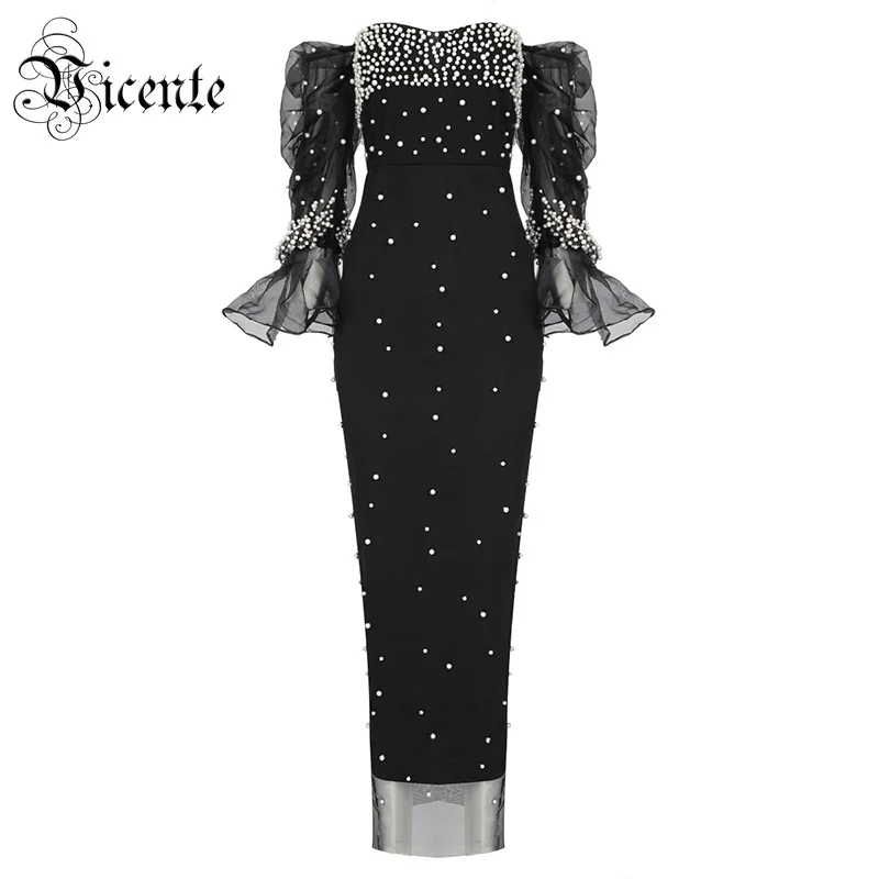 

Vicente All Free Shipping 2019 New Chic Pearl Design Long Dress Sexy Off The Shoulder Long Sleeves Celebrity Party Long Dress