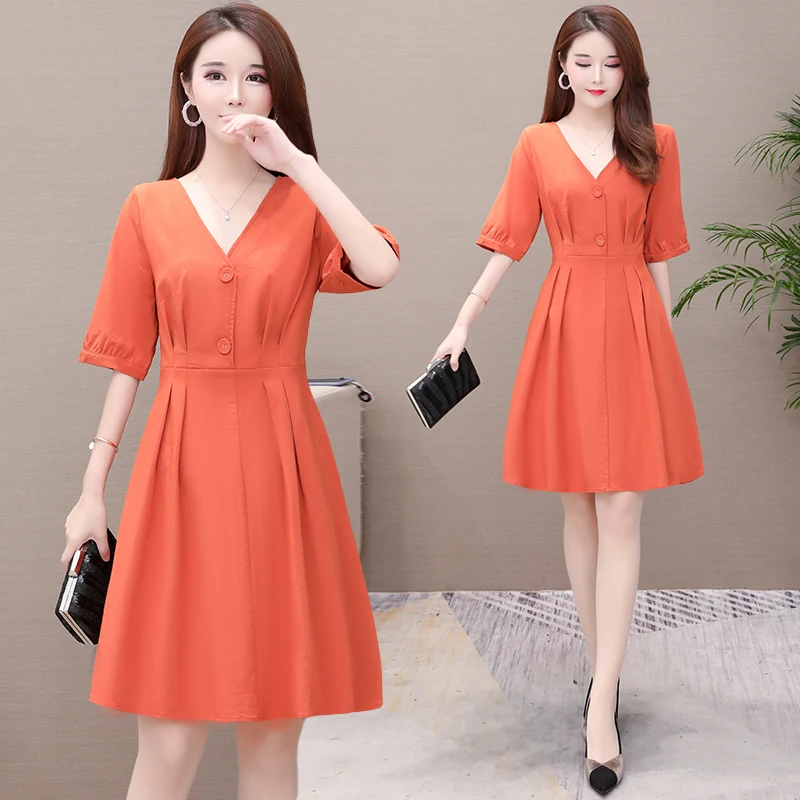 

Plus Size Dress 2019 Summer V Collar A-line Solid New Large Size L-5XL Women's Dresses Elagnat Office Ladies Female Vestidos