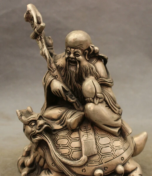 

JP S0114 Chinese Silver Buddhism Longevity God Shou Star Peach Statue Ride Dragon Turtle Discount35%