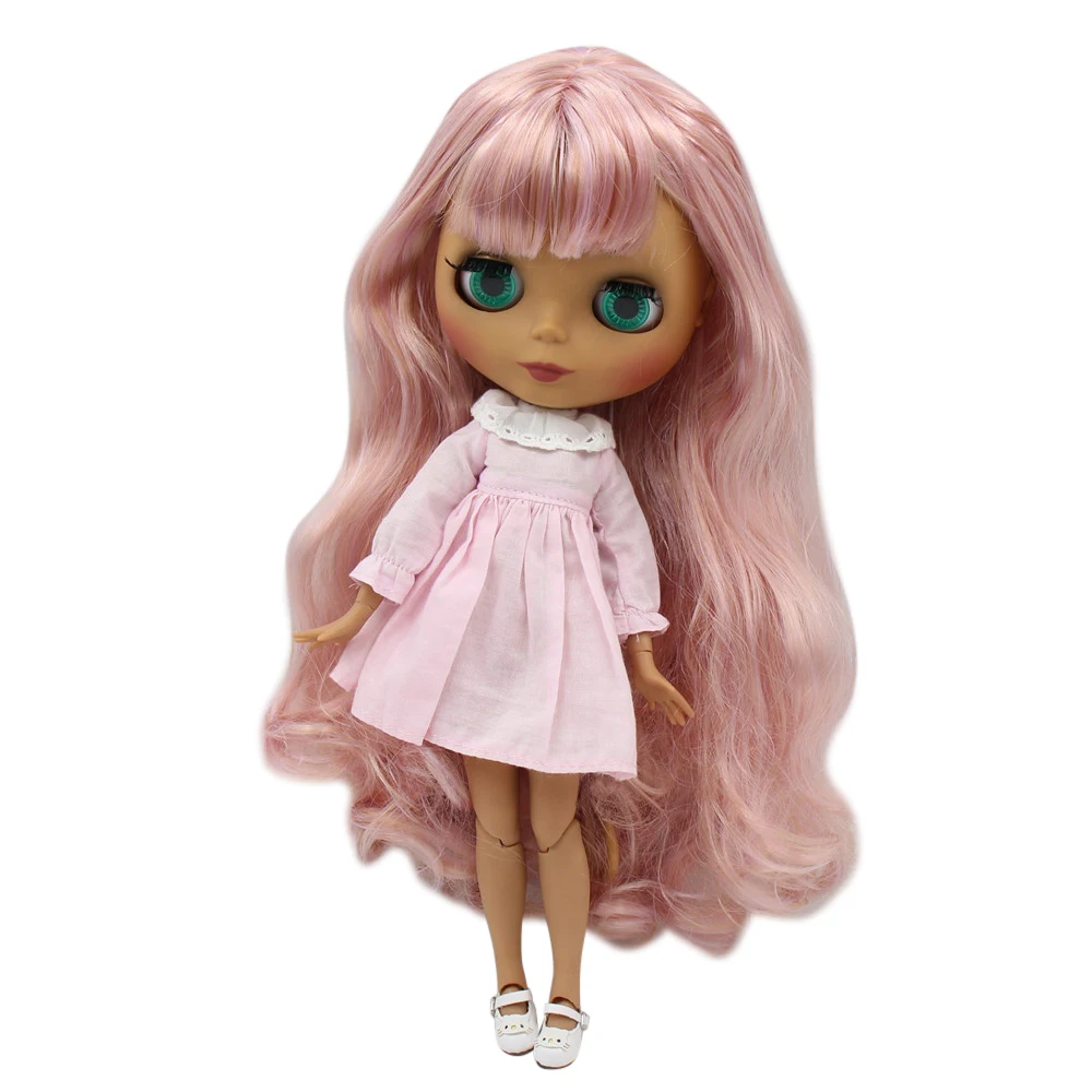 Кукла Blyth 1/6 шарнирная с черным матовым лицом и розовыми пурпурными волосами №