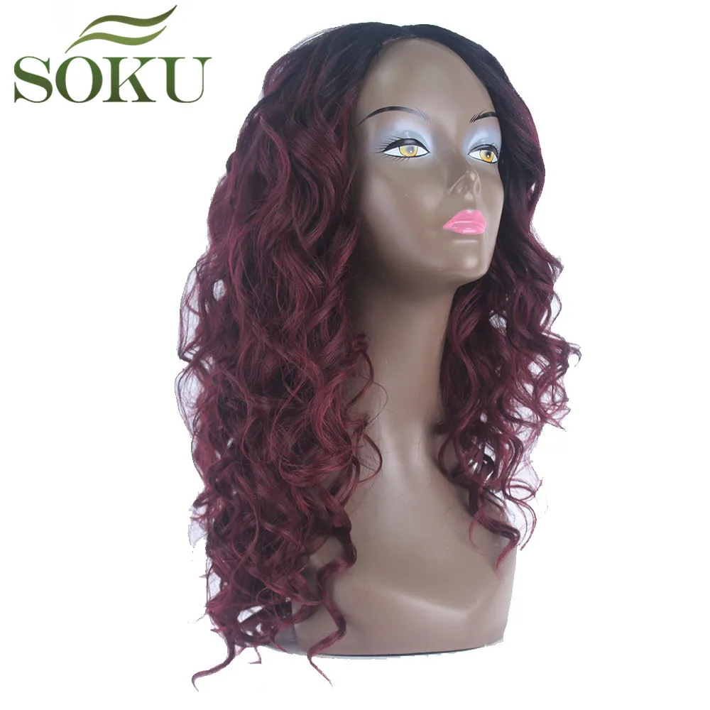 Красный цвет синтетические волосы парики для черных женщин боковая часть темные корни вьющиеся парики Glueless термостойкие парики SOKU