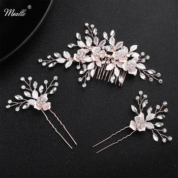 

Miallo Pink Flower Women Hair Comb + 2pcs Hairpins Handmade Wedding Hair Accessories Crystal Bridal Hairpieces Jewelry