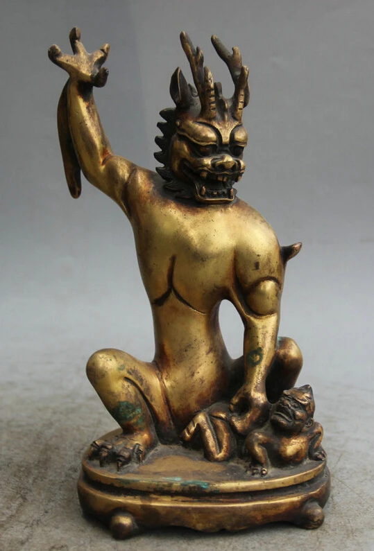 

Fast shipping USPS to USA S2584 8" Old Chinese Bronze 24K Gold Dragon King punish devil Chi-lin Beast Statue