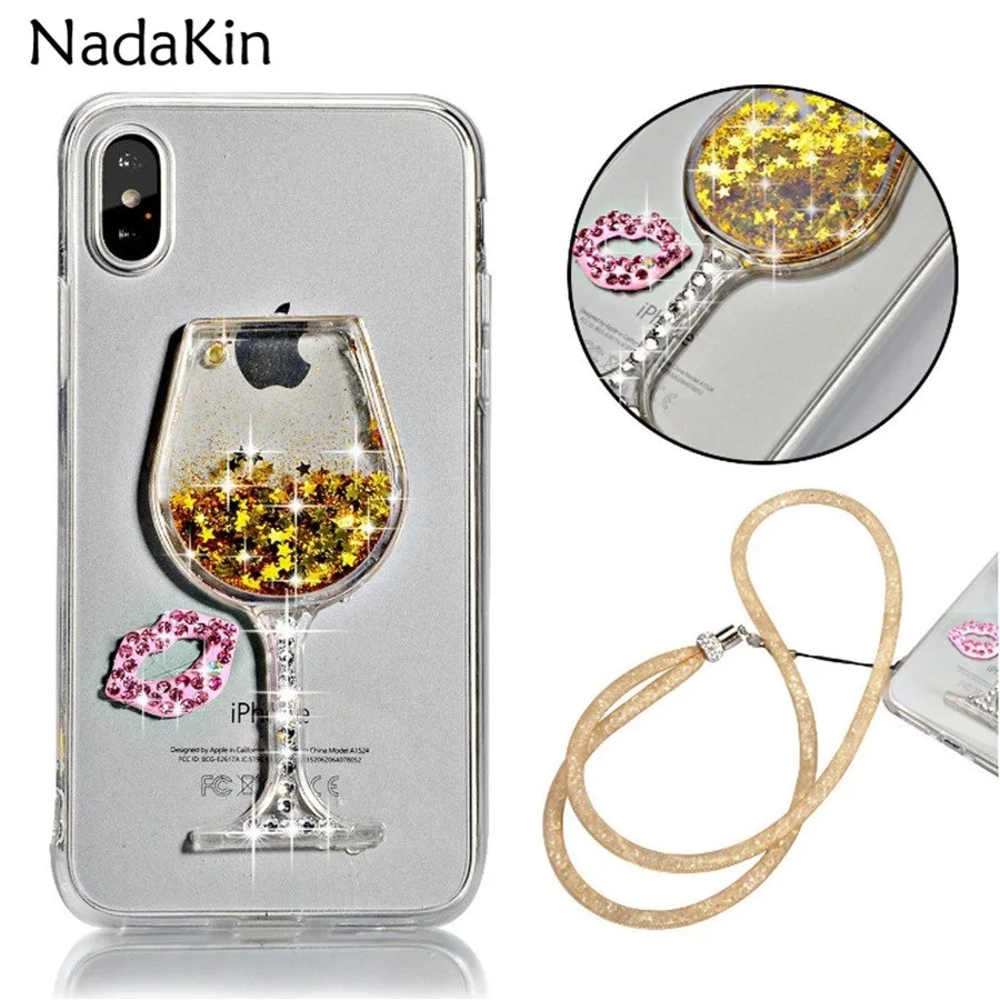 With Strap Liquid Quicksand Diamond Wine Glass Clear Back TPU Frame Case Cover for iPhone 5 5S SE 6 6S 7 8 Plus X XS Max XR |