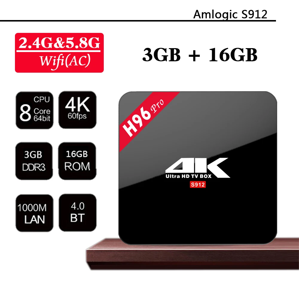 

H96 Pro Android TV Box 3GB 16GB Amlogic S912 Octa Core TV Box Android 6.0 BT4.0 Dual WIFI 3D/4K Player HDMI 2.0 Smart TV  TV03