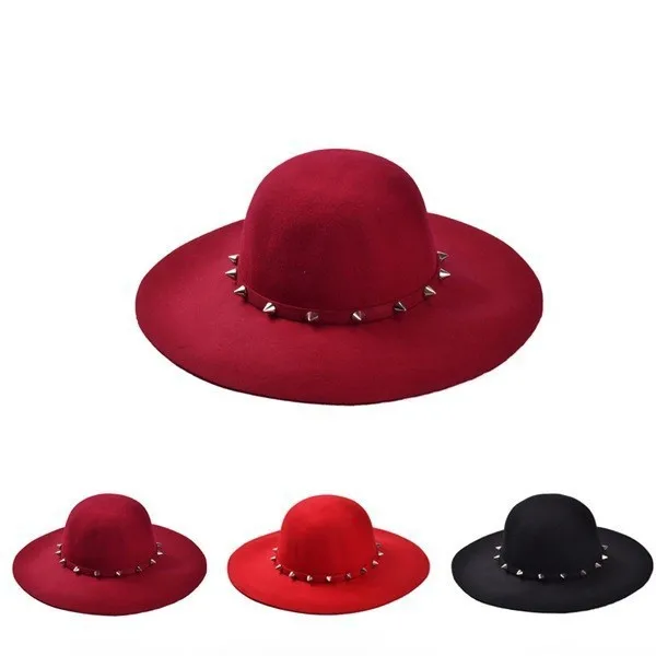 VORON новая мода винно красный/черный шерсть флоппи шляпы с шипами с большими полями для женщин/дам