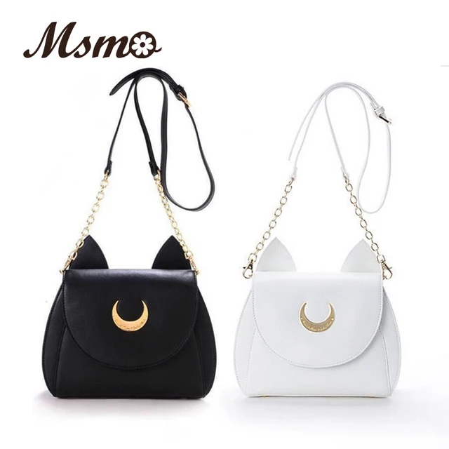 MSMO White/Black Sailor Moon Luna/Artemis Shoulder Bag Ladies Luna Cat Leather Handbag Women Messenger Crossbody Chain Small Bag 1