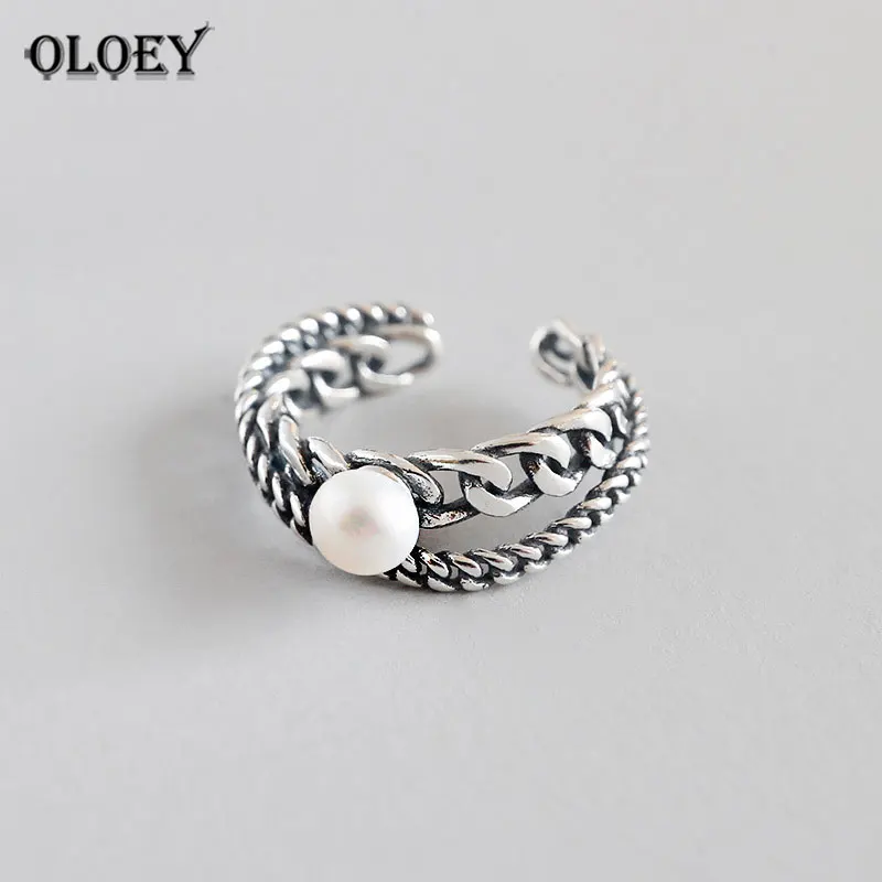 

OLOEY Korean S925 Sterling Silver Rings Women Personality Freshwater Pearl Double Chain Twist Open Ring Fine Jewelry Gift YMR595