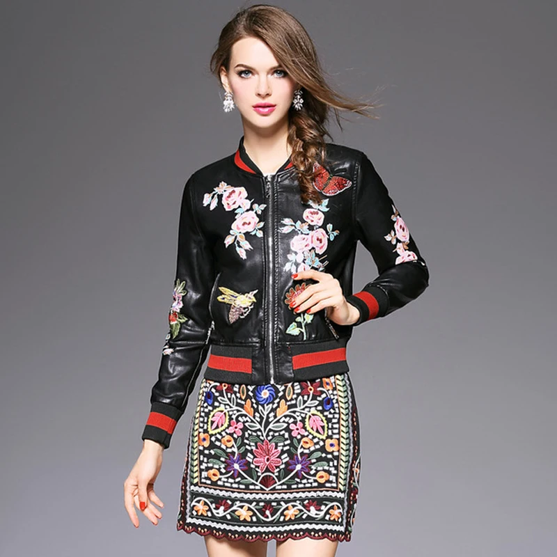 2017 Tamanho Grande 4XL Revestimento Das Mulheres De Couro Da Moda Jaquetas De Couro Bordado Menina Outerwear Jaqueta Senhoras