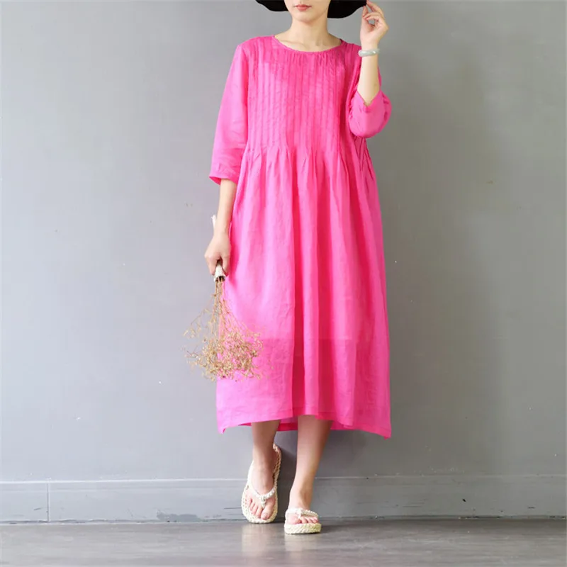 

SCUWLINEN 2019 Women Summer Dress Solid Loose A-line Half-sleeve Thin Elegant 100% Ramie Dress Casual Beach Party Dress S400