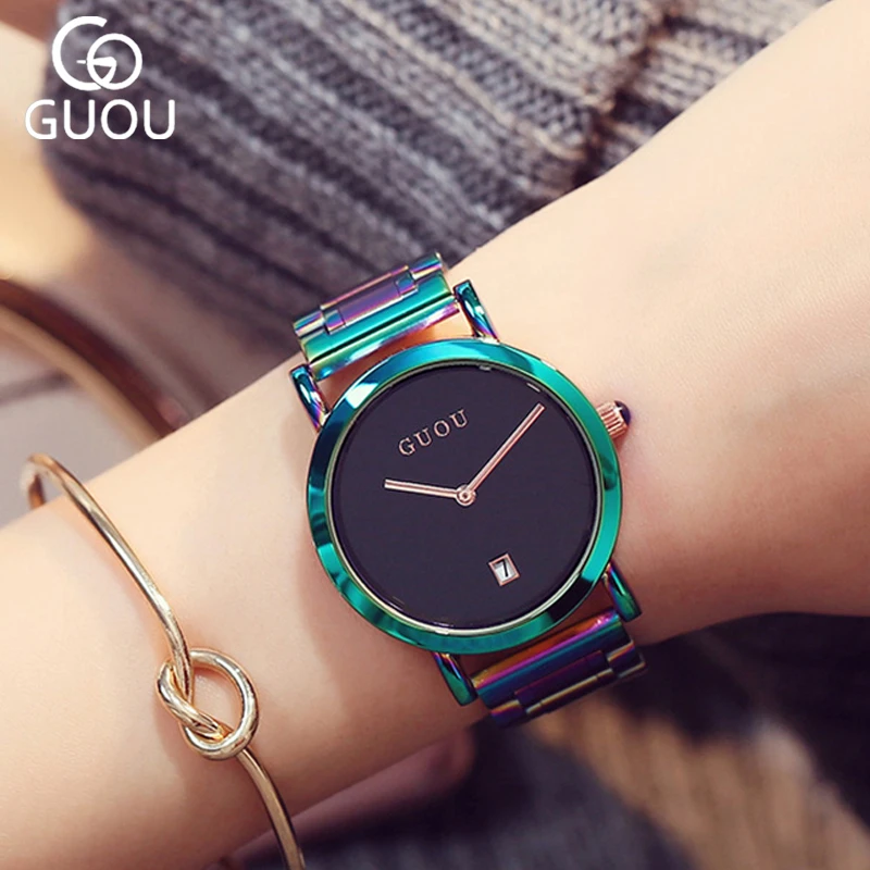 

Ladies Simple Quartz Watches Women 2018 Guou Fashion Wrist Watch Full Colorfull Steel Auto Date Analog Quartz Clock Wristwatch