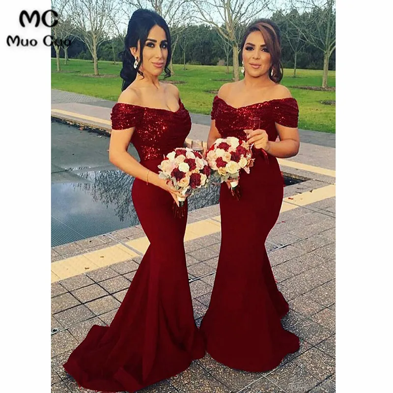 Mermaid Off-the-Shoulder Sweep Train Dark Red Bridesmaid Dress with Sequins